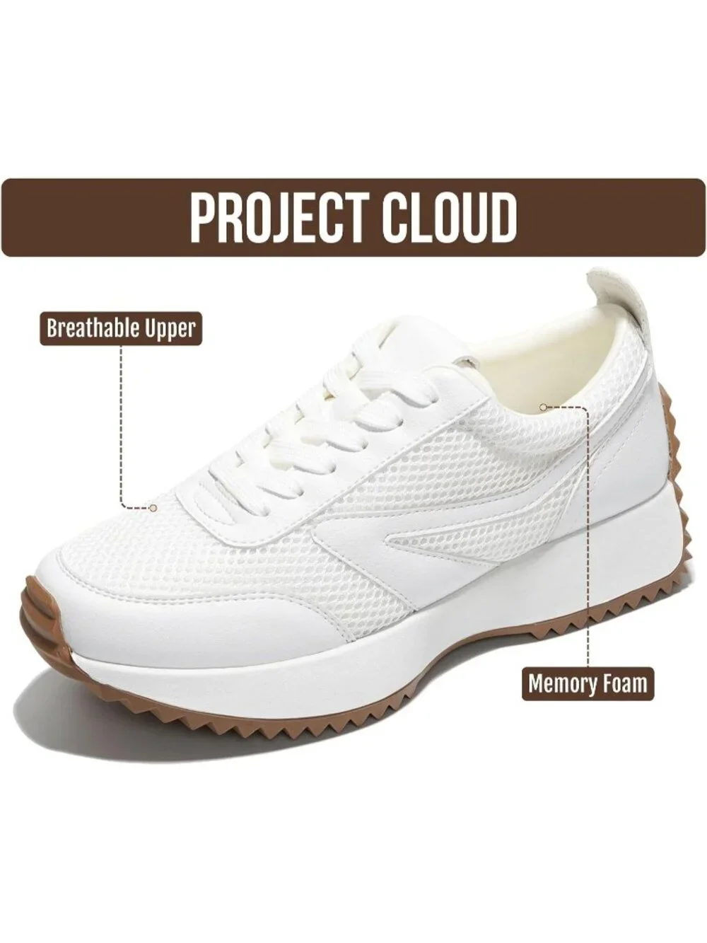 🆕Project Cloud Women's All White Sneakers Memory Foam Lightweight Lace Up